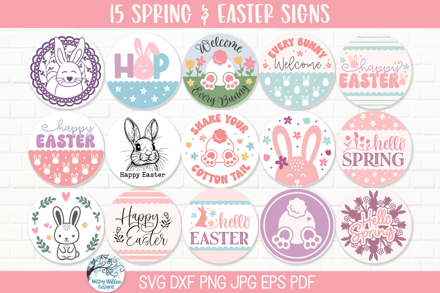 Happy Easter and Spring Round Sign SVG Bundle Wispy Willow Designs Company