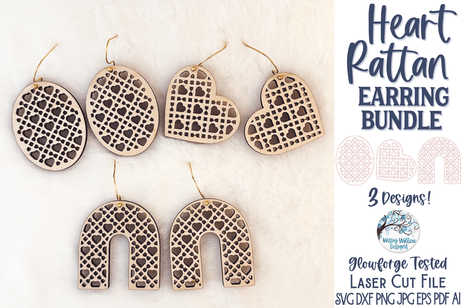 Heart Rattan Earring File Bundle for Glowforge Laser Wispy Willow Designs Company