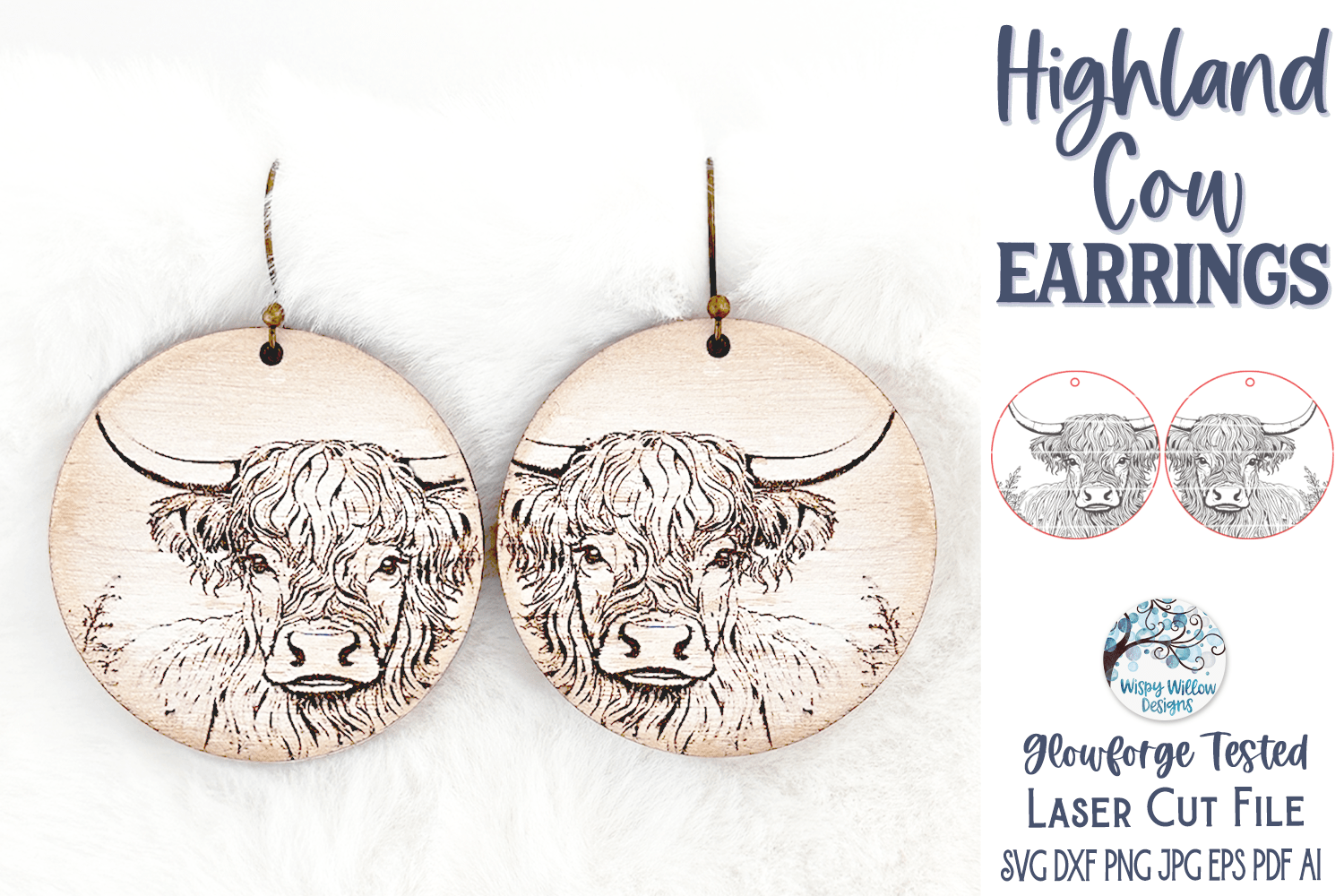 Highland Cow Earring SVG File for Glowforge and Laser Cutter Wispy Willow Designs Company