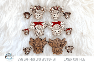 Highland Cow Earrings for Glowforge or Laser Cutter Wispy Willow Designs Company