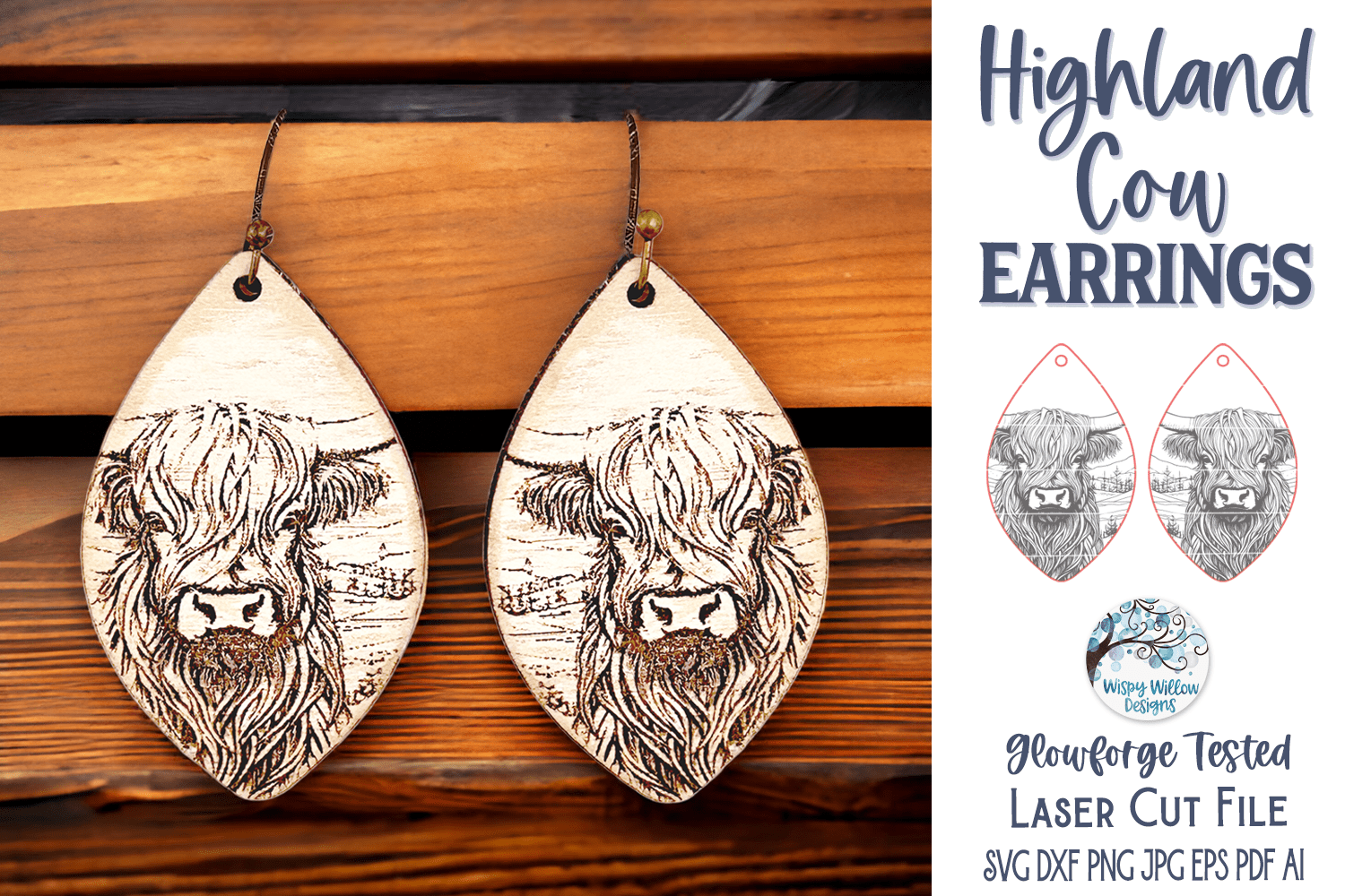 Highland Cow Earrings SVG File for Glowforge or Laser Cutter Wispy Willow Designs Company