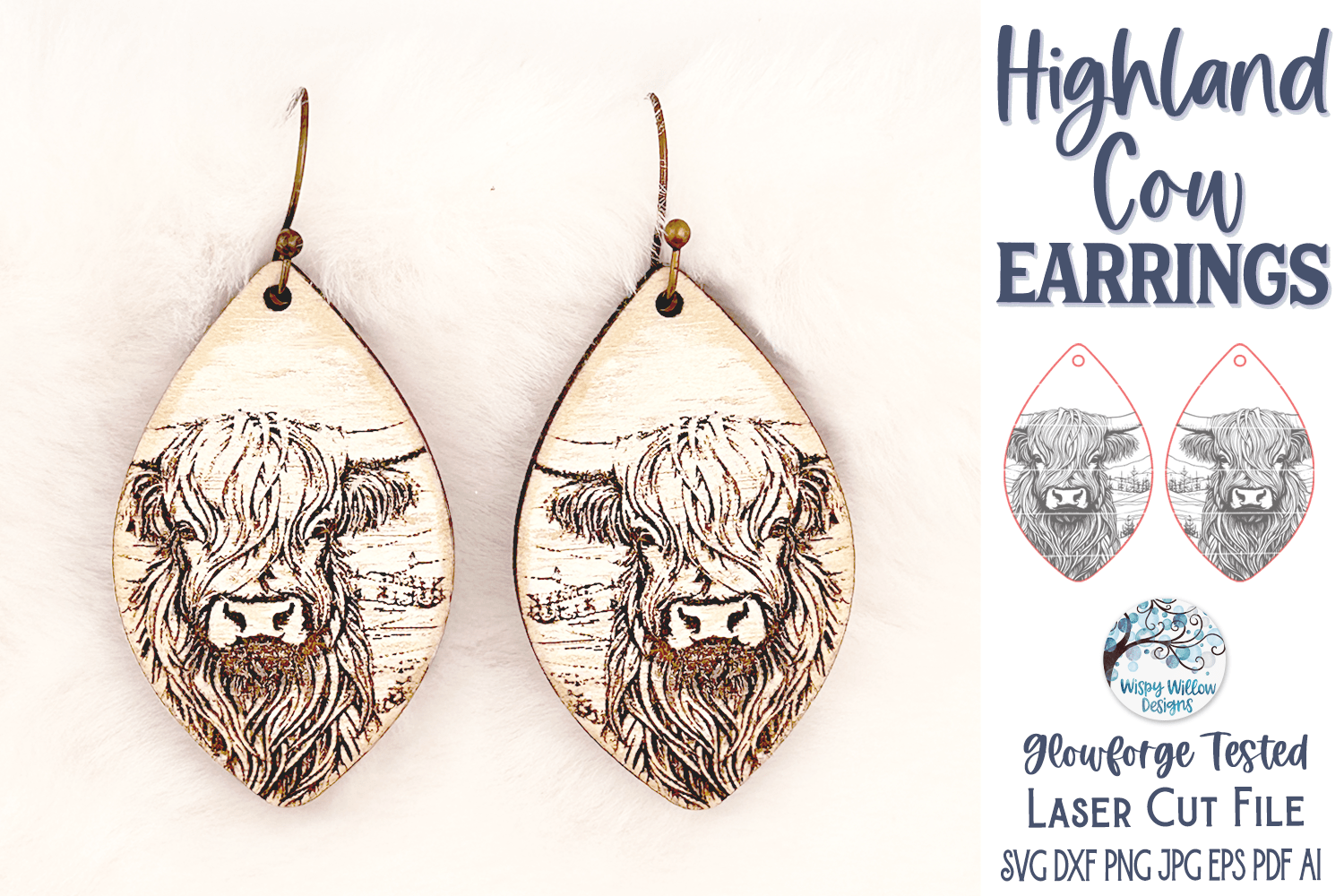 Highland Cow Earrings SVG File for Glowforge or Laser Cutter Wispy Willow Designs Company