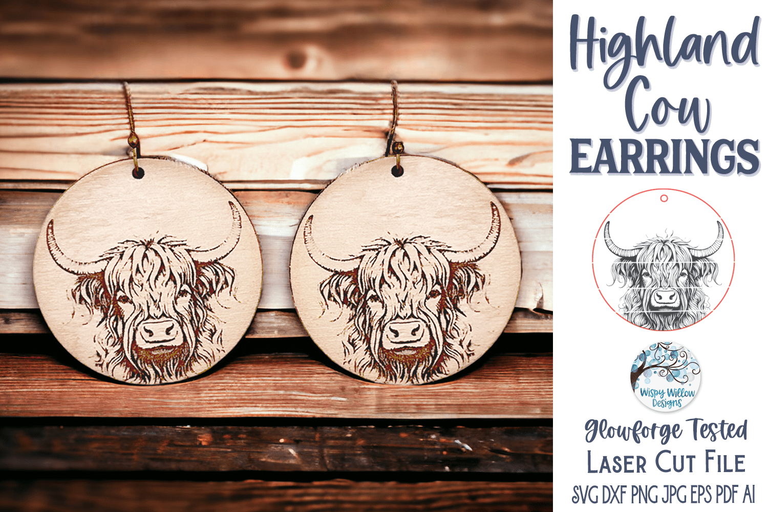 Highland Cow Round Earring SVG File for Glowforge and Laser Cutter Wispy Willow Designs Company