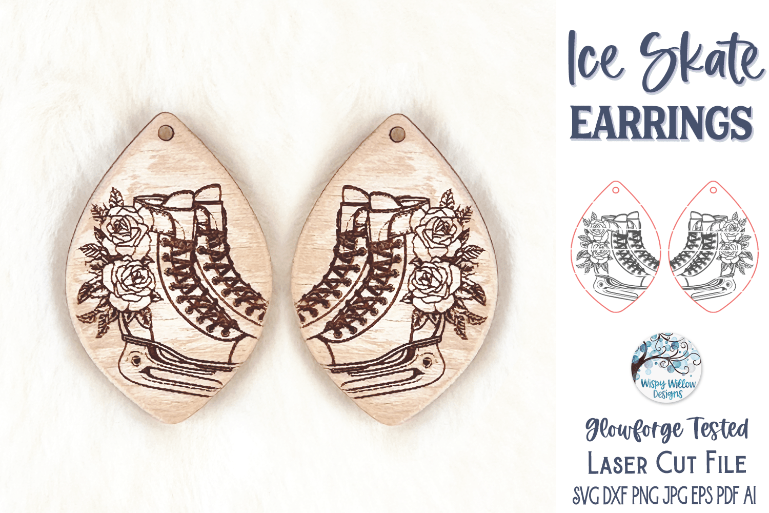 Ice Skate Earring SVG File for Glowforge and Laser Cutter Wispy Willow Designs Company