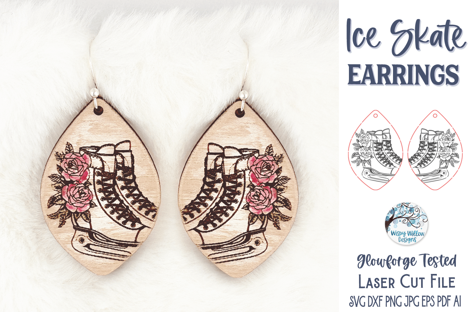 Ice Skate Earring SVG File for Glowforge and Laser Cutter Wispy Willow Designs Company