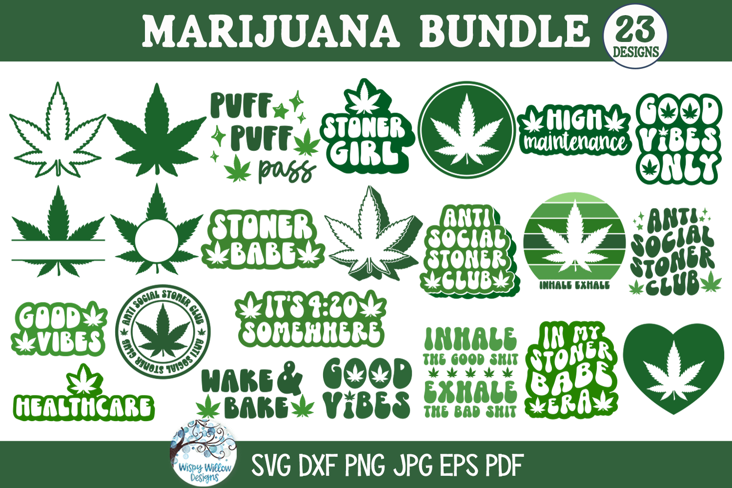 Marijuana SVG Bundle | Cannabis Art Collection Wispy Willow Designs Company