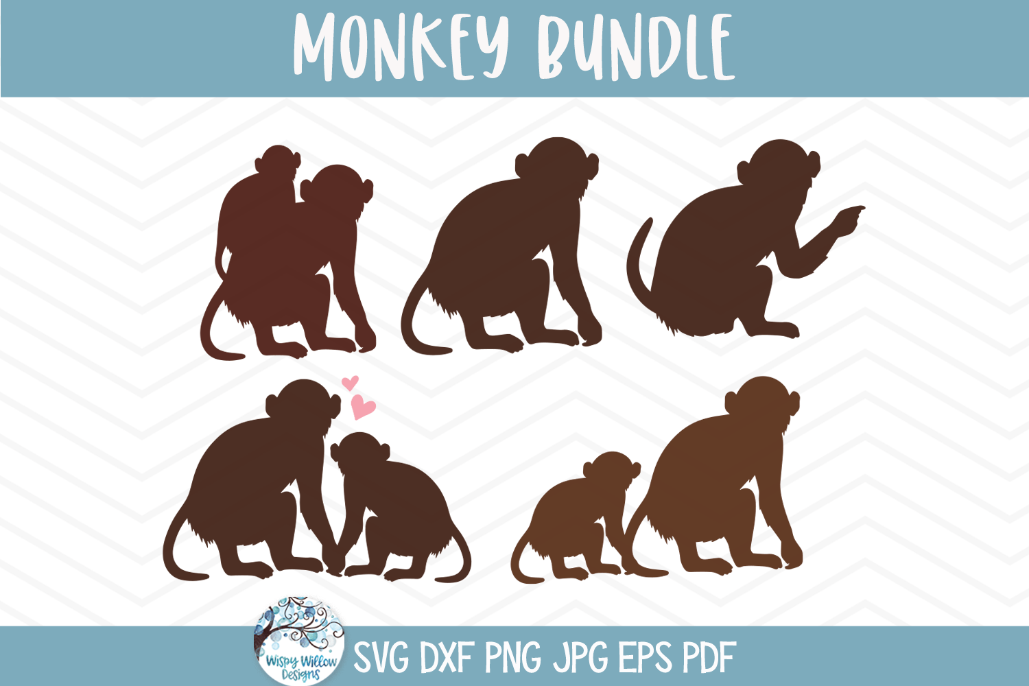 Monkey SVG Bundle | Adorable Monkey Silhouettes Wispy Willow Designs Company