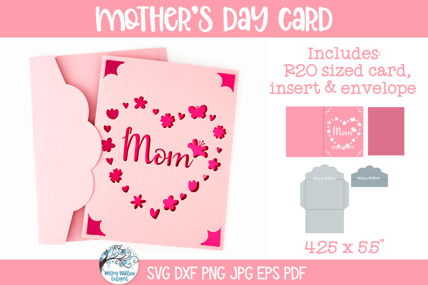 Mother's Day Card SVG |  Mom Gift, Floral Heart Cardstock Insert Card Wispy Willow Designs Company