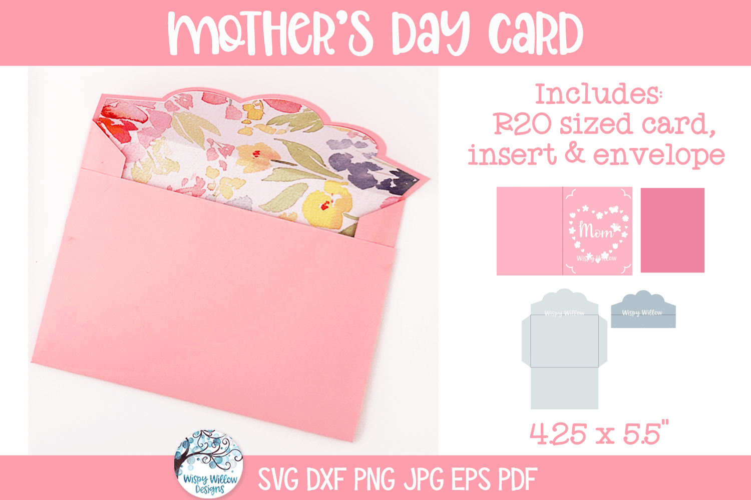 Mother's Day Card SVG |  Mom Gift, Floral Heart Cardstock Insert Card Wispy Willow Designs Company