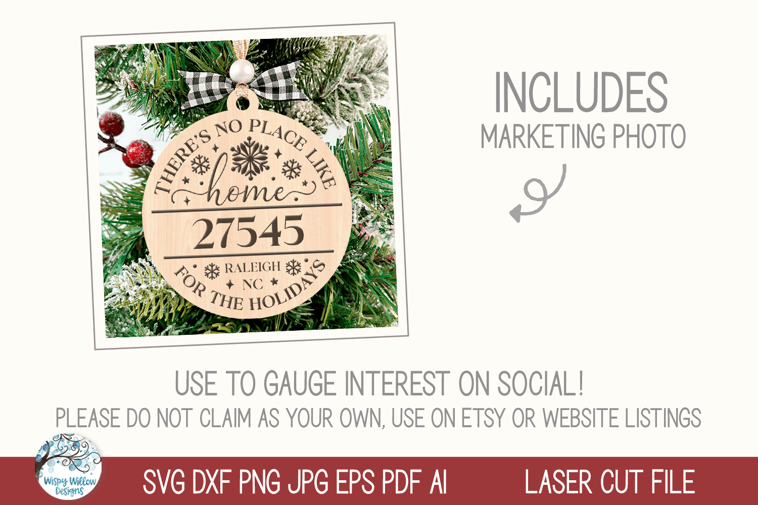 No Place Like Home Zipcode Christmas Ornament for Laser Cutter Wispy Willow Designs Company