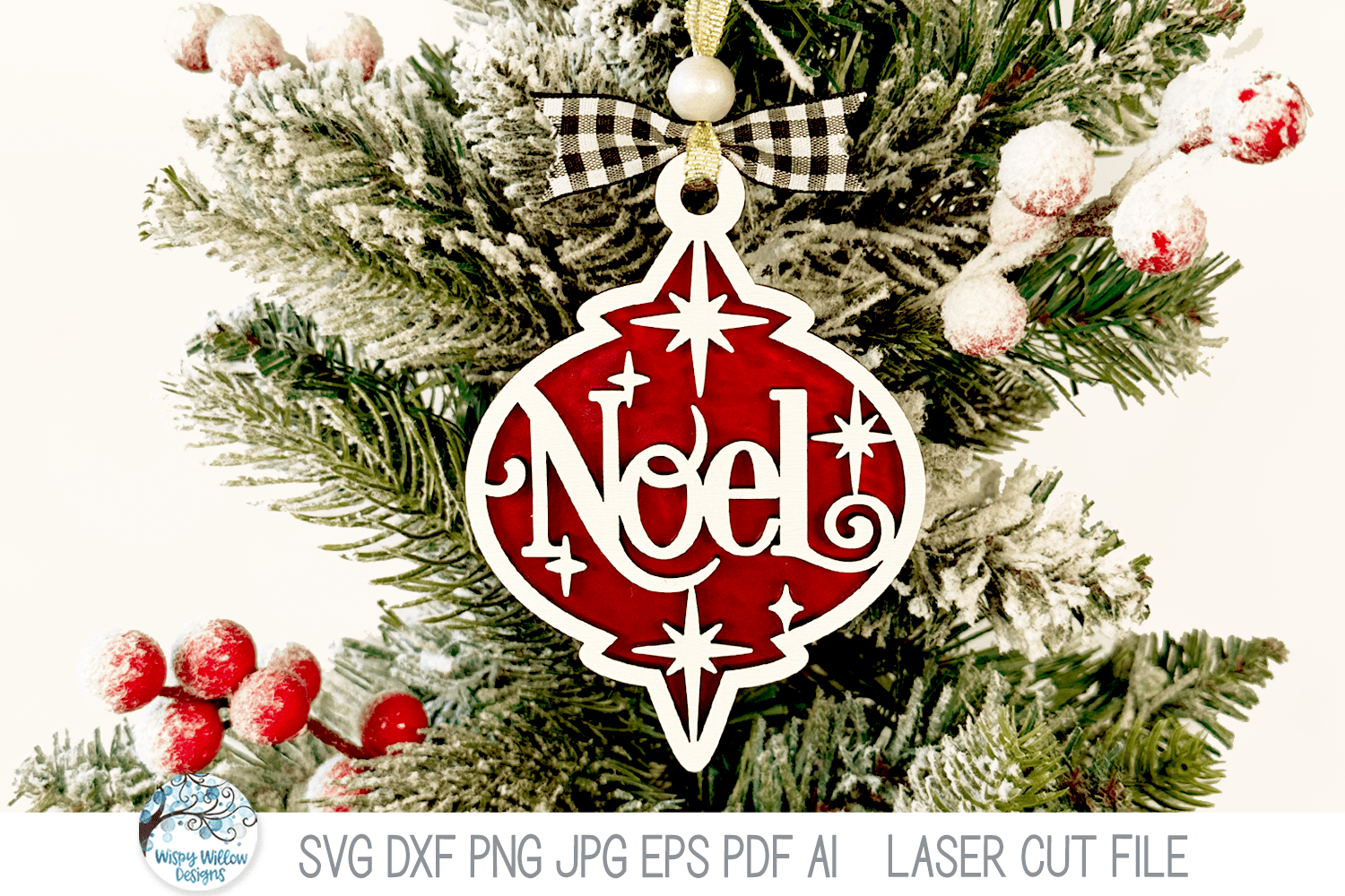 Noel Arabesque Christmas Ornament SVG File for Laser Cutter Wispy Willow Designs Company