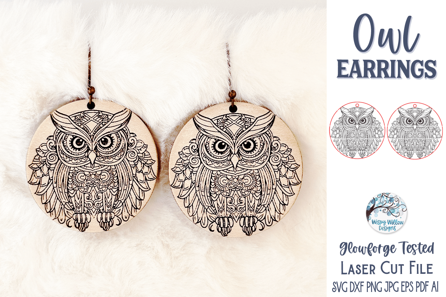 Owl Earrings SVG File for Glowforge and Laser Cutter Wispy Willow Designs Company