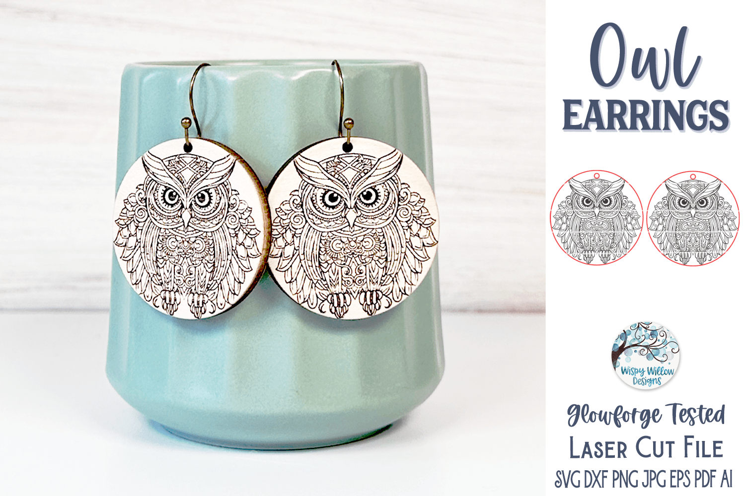 Owl Earrings SVG File for Glowforge and Laser Cutter Wispy Willow Designs Company