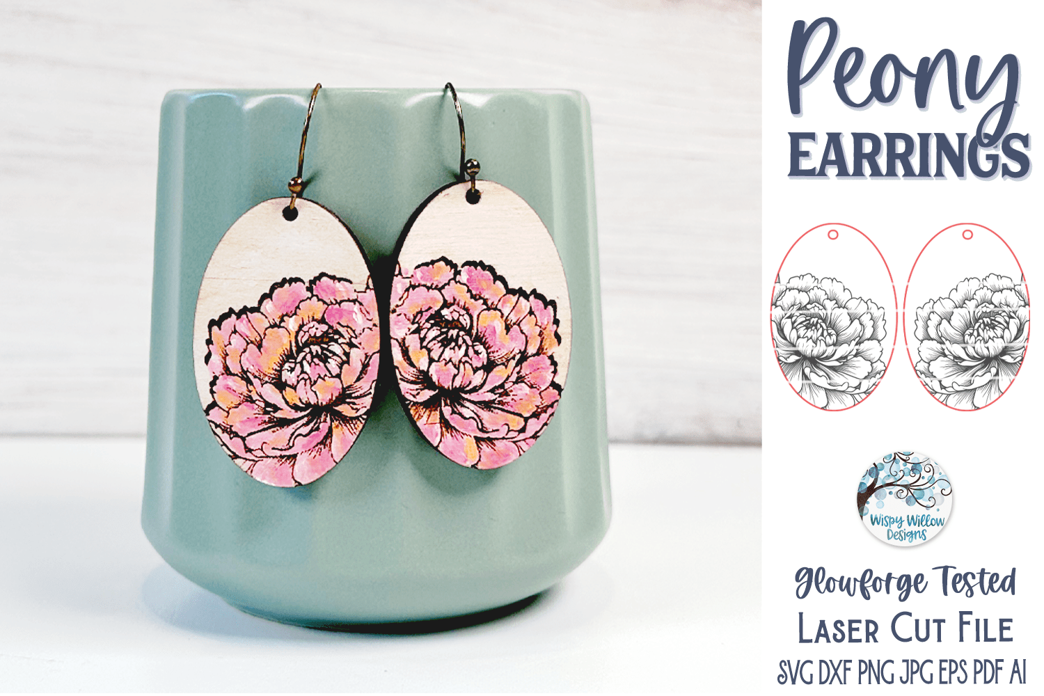 Peony Flower Earring File for Glowforge or Laser Wispy Willow Designs Company