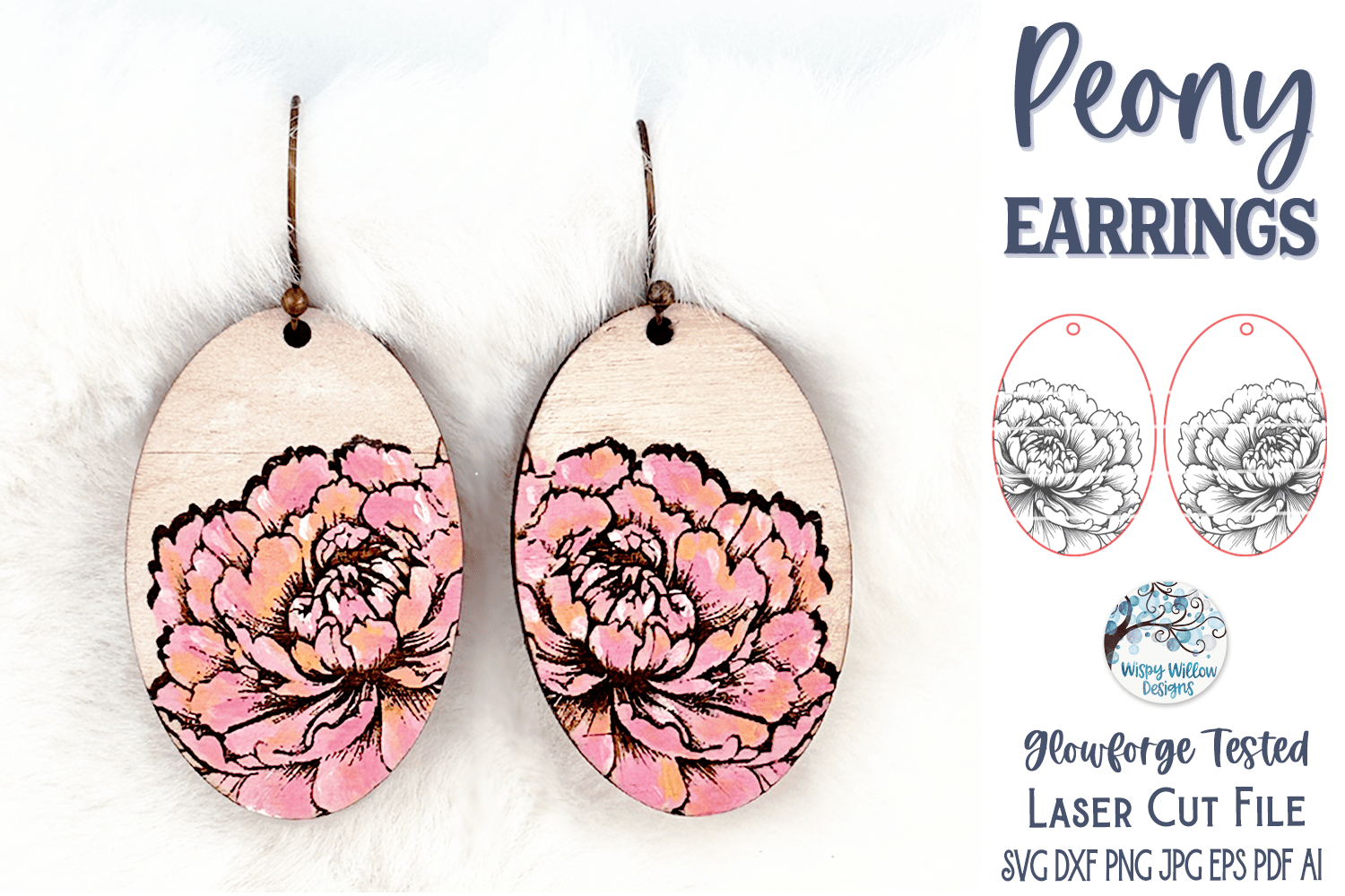 Peony Flower Earring File for Glowforge or Laser Wispy Willow Designs Company