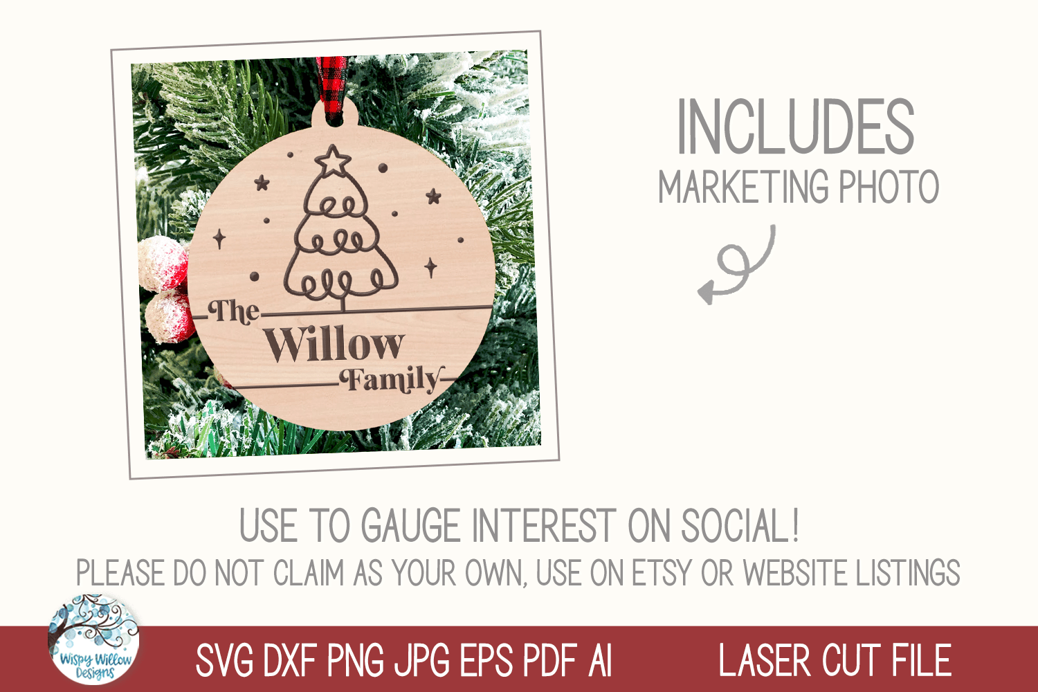 Personalized Family Name Christmas Tree Ornament for Laser Cutter Wispy Willow Designs Company