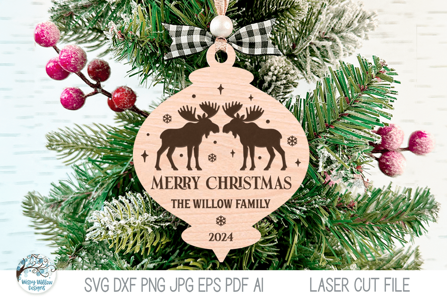 Personalized Family Name Moose Elk Christmas Ornament SVG File for Laser Cutter Wispy Willow Designs Company