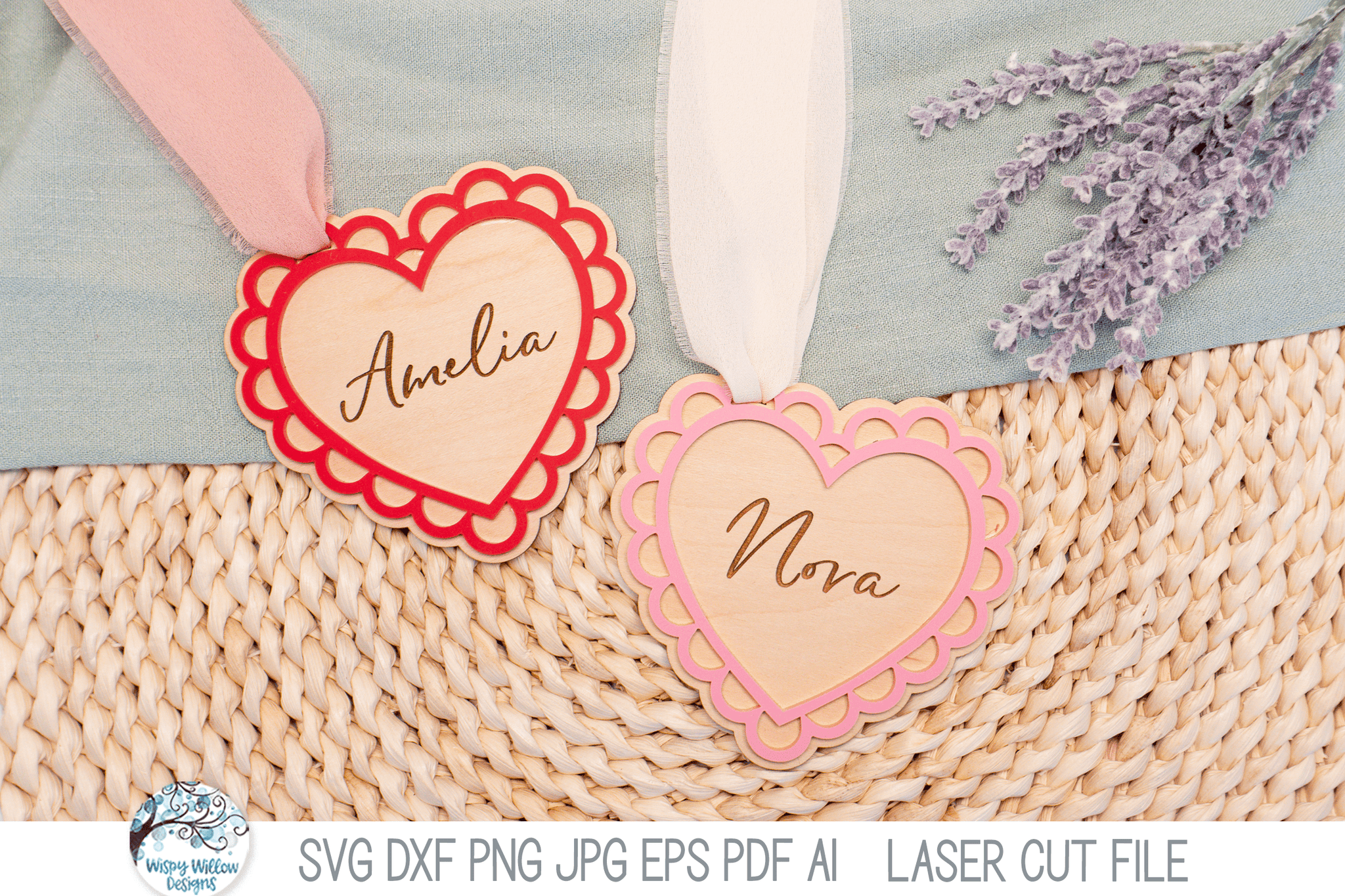 Personalized Heart Valentine's Day Basket Tag SVG File for Laser Cutter Wispy Willow Designs Company