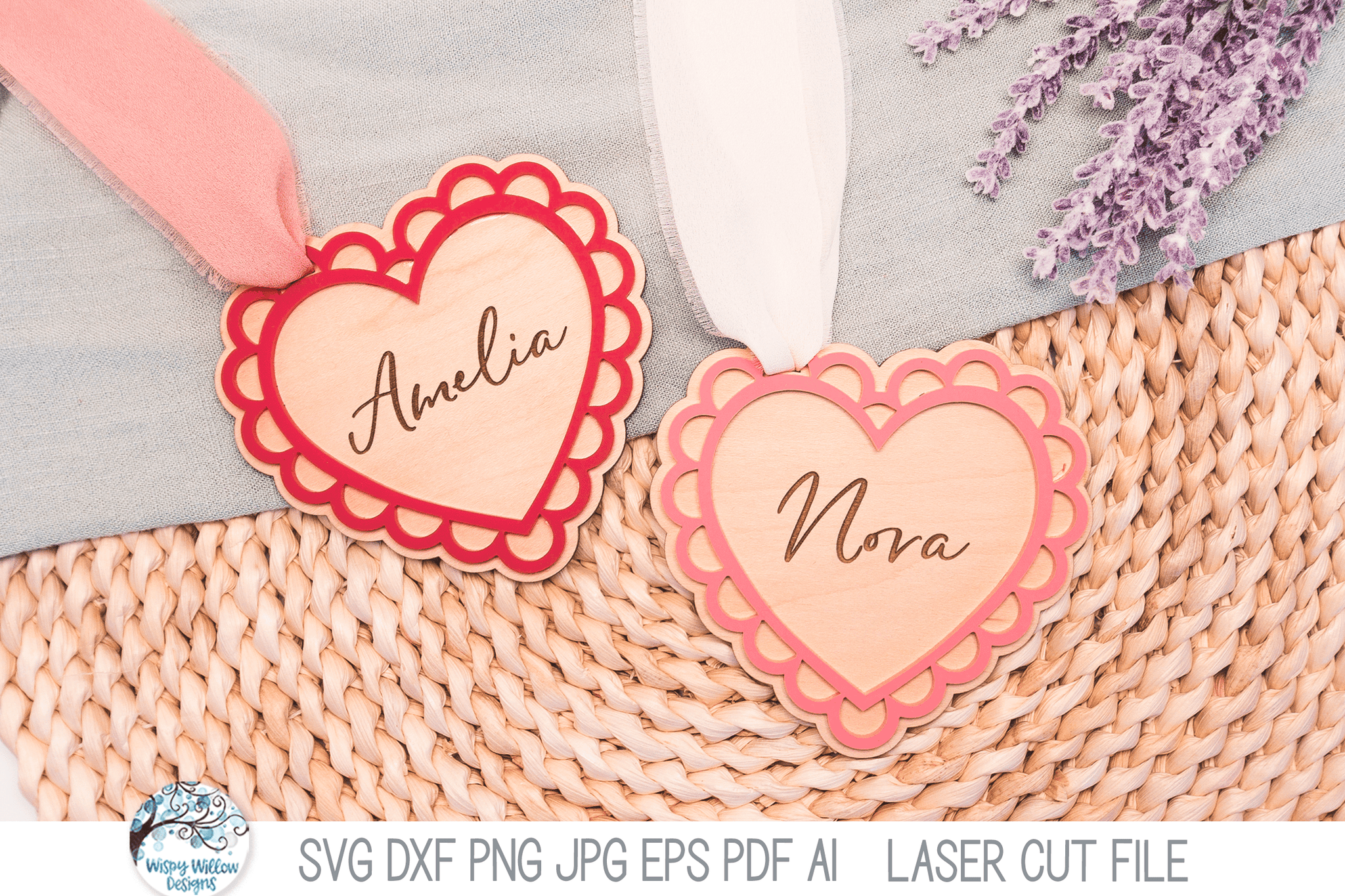 Personalized Heart Valentine's Day Basket Tag SVG File for Laser Cutter Wispy Willow Designs Company