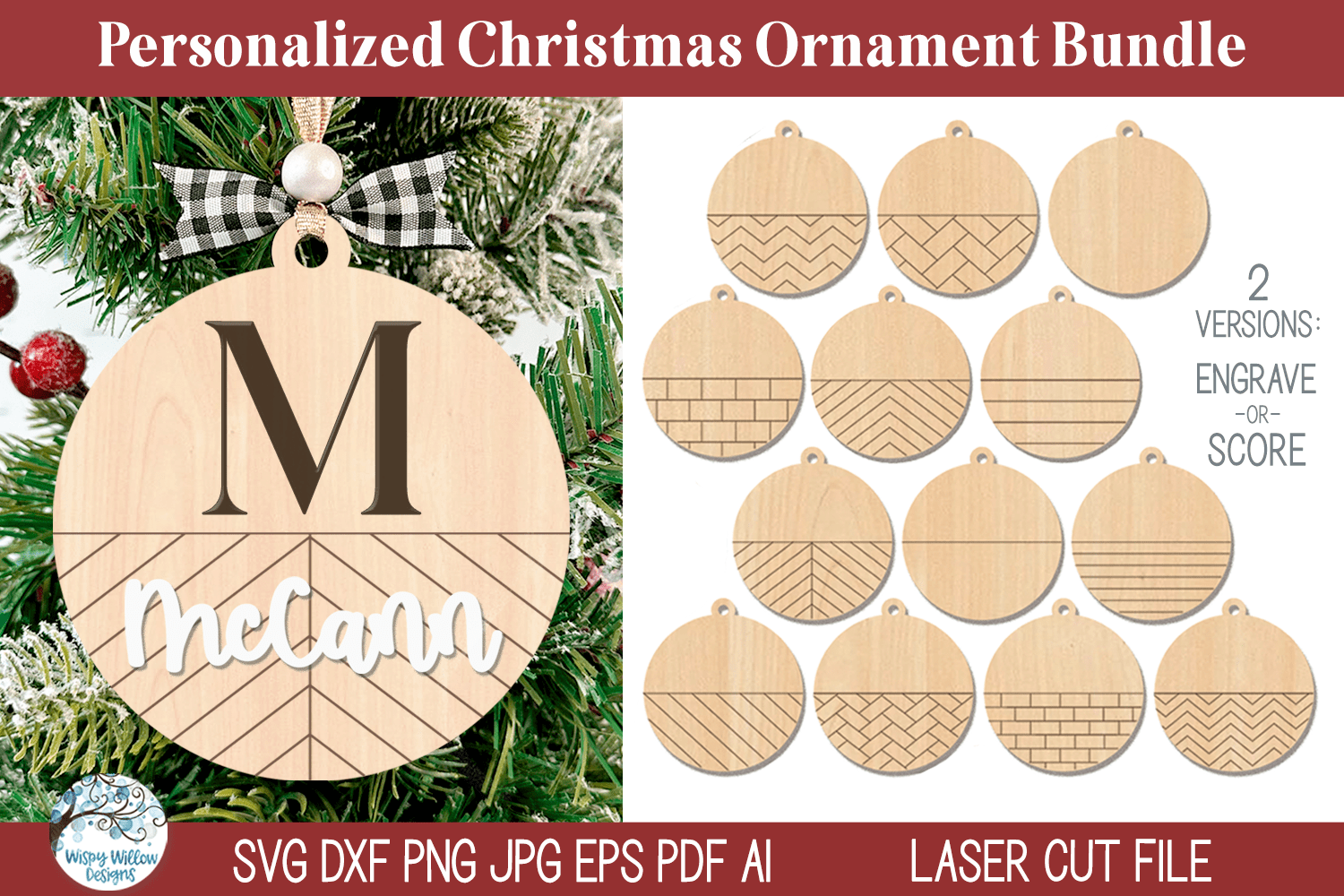 Personalized Monogram Christmas Ornament Bundle for Laser Cutter Wispy Willow Designs Company