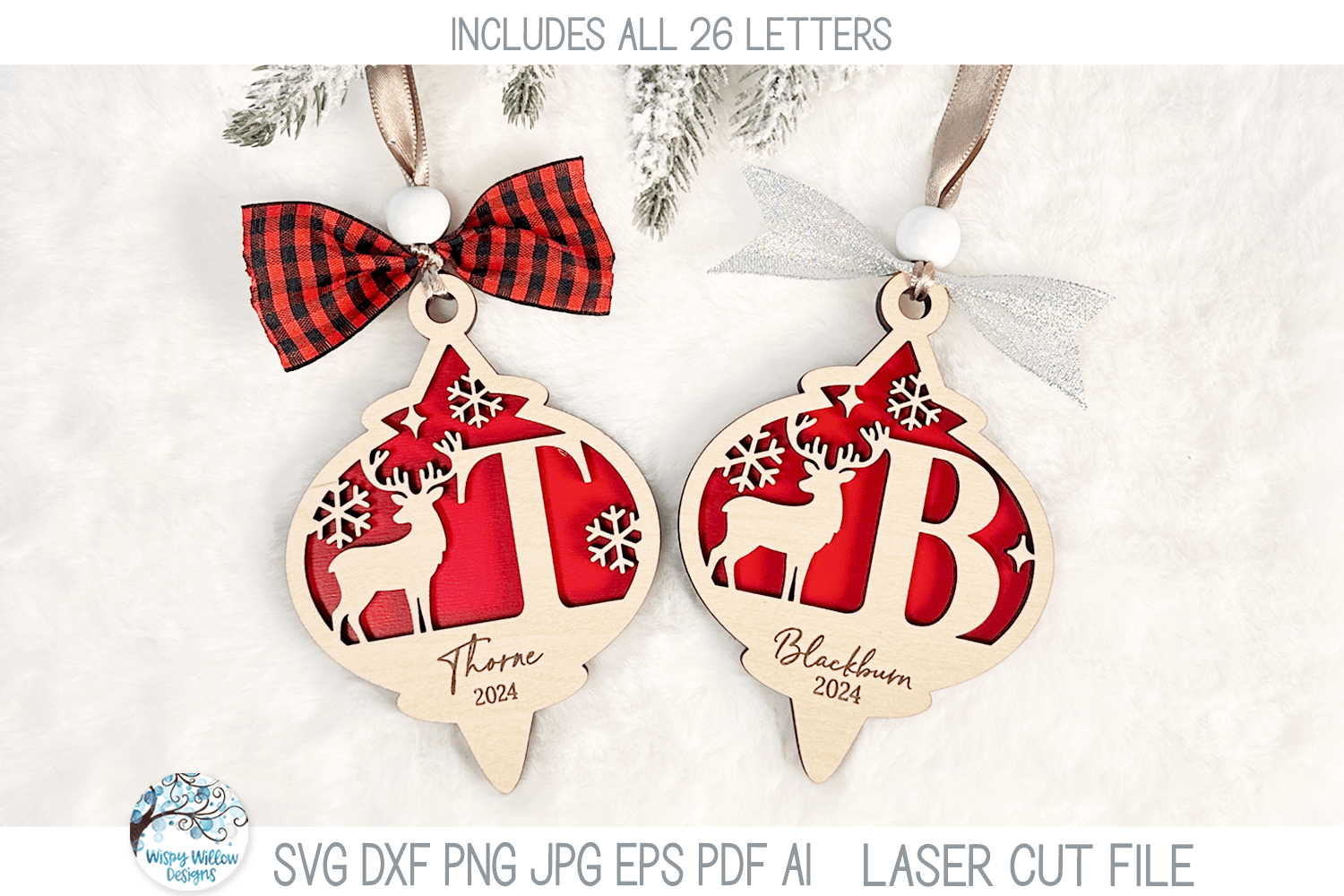 Personalized Monogram Letter Reindeer Christmas Ornament Bundle for Laser Cutter Wispy Willow Designs Company