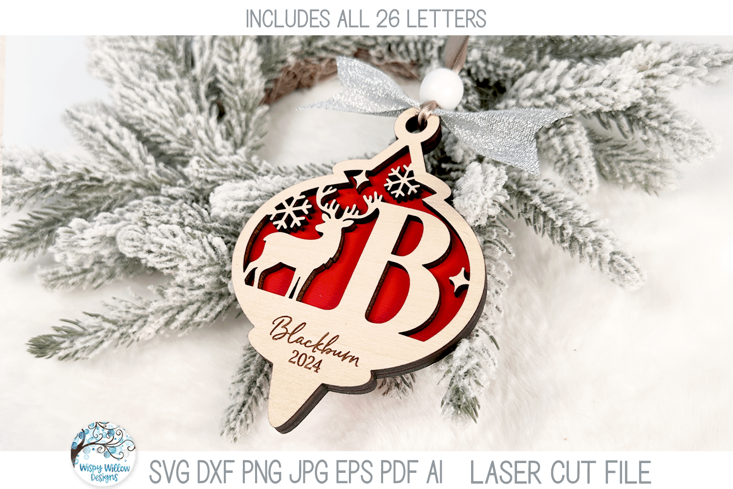 Personalized Monogram Letter Reindeer Christmas Ornament Bundle for Laser Cutter Wispy Willow Designs Company