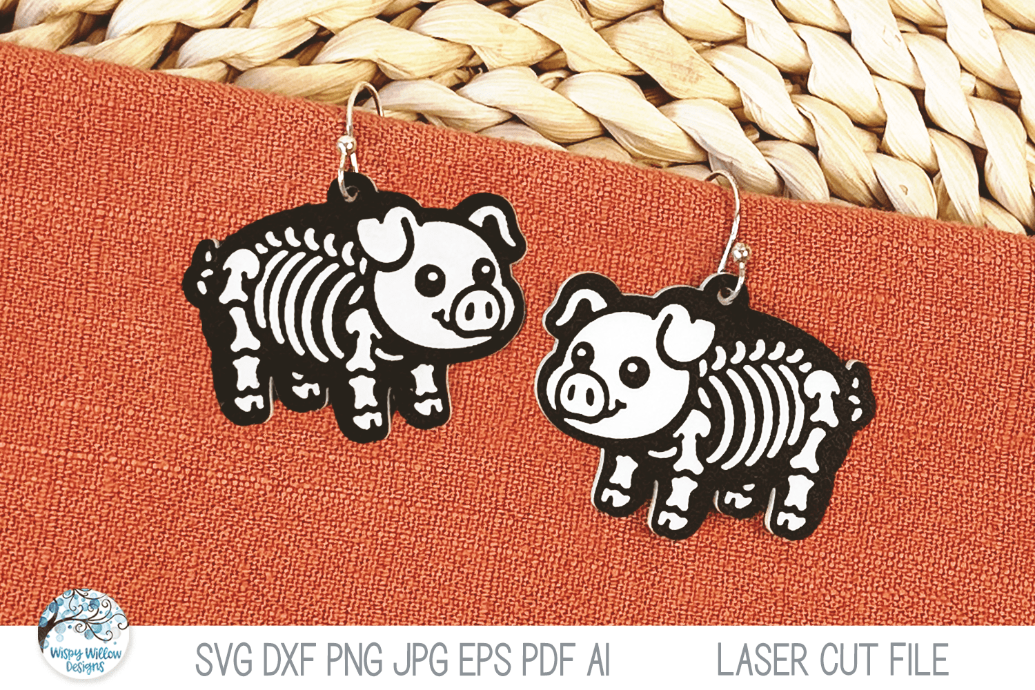 Pig Skeleton Halloween Earring SVG File for Laser Wispy Willow Designs Company