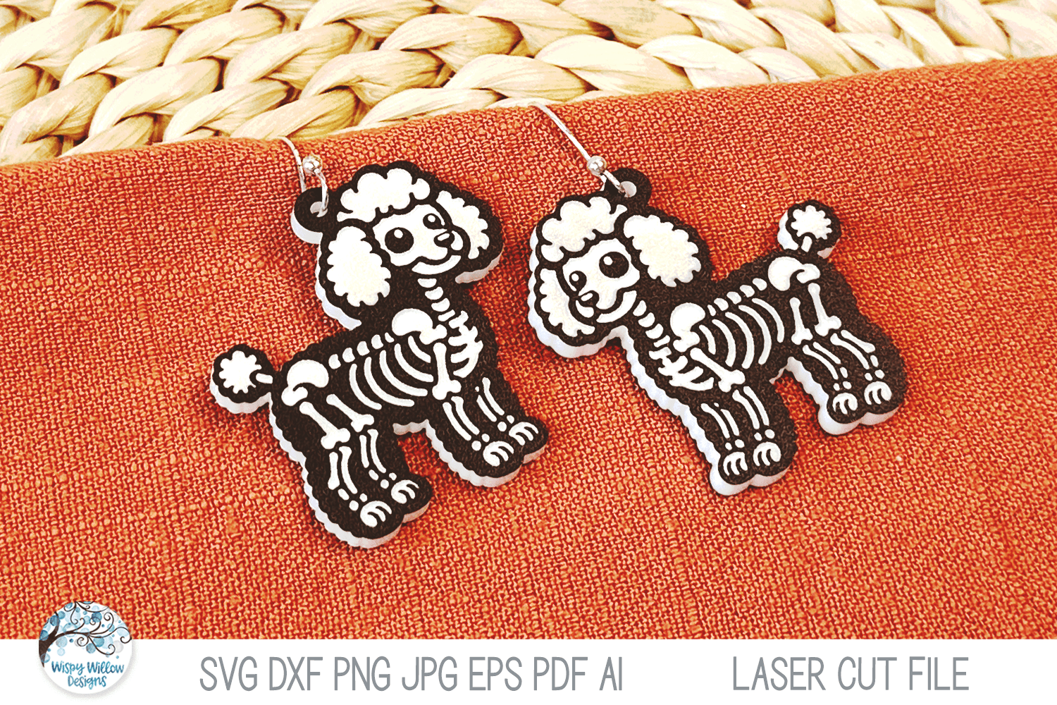 Poodle Dog Skeleton Halloween Earring SVG File for Laser Wispy Willow Designs Company