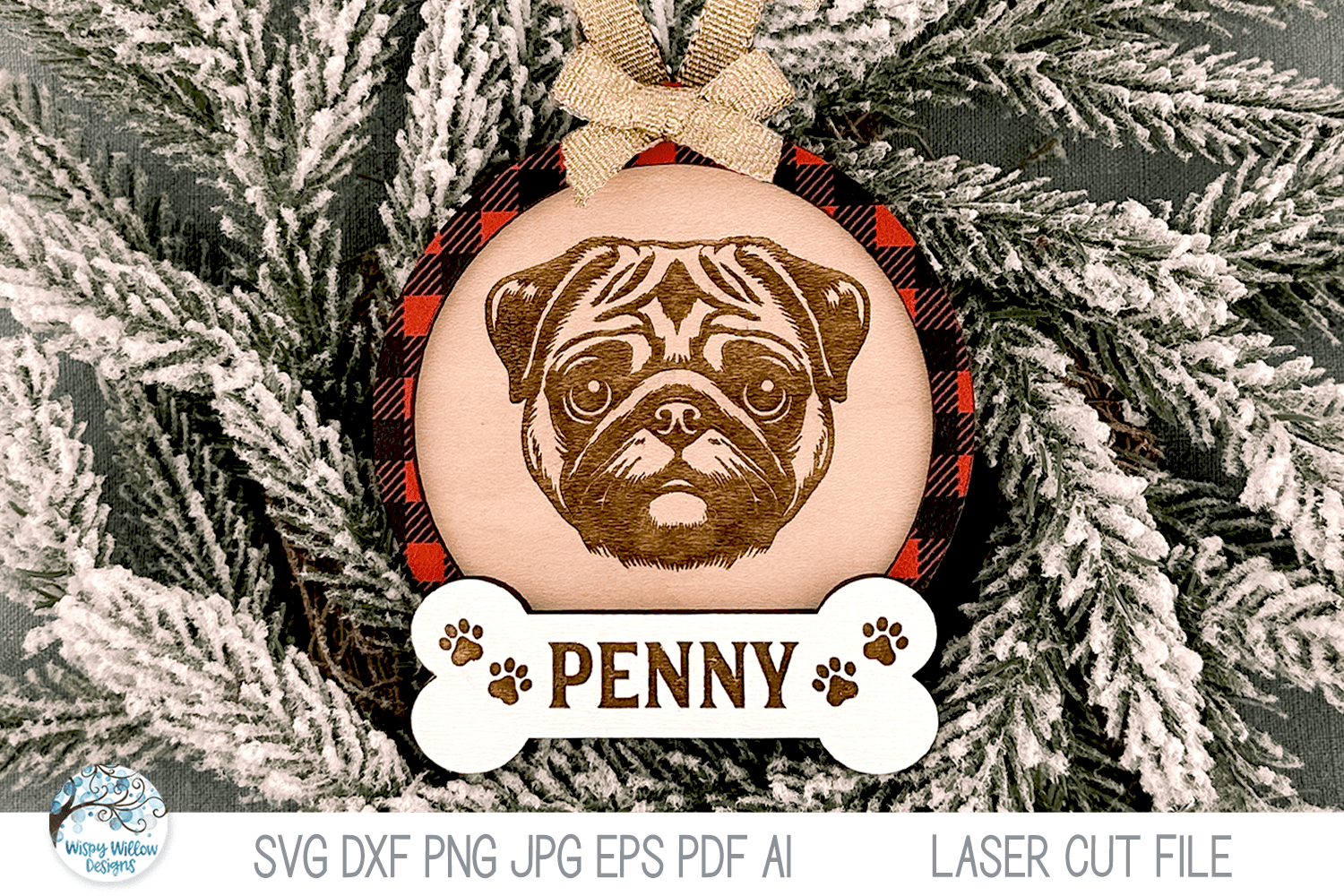 Pug Dog Christmas Ornament SVG File for Laser Cutter Wispy Willow Designs Company