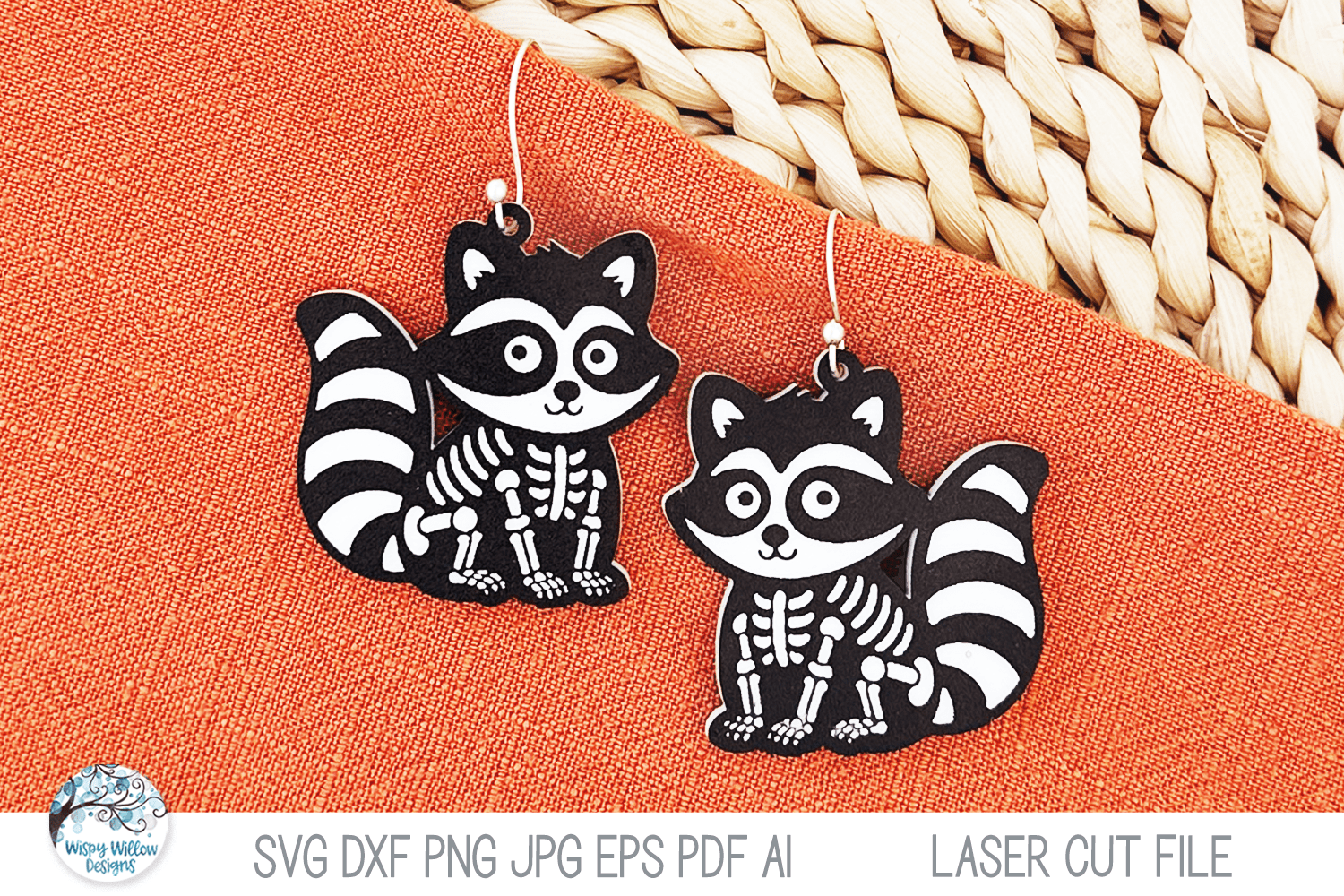 Raccoon Skeleton Halloween Earring SVG File for Laser Cutter Wispy Willow Designs Company