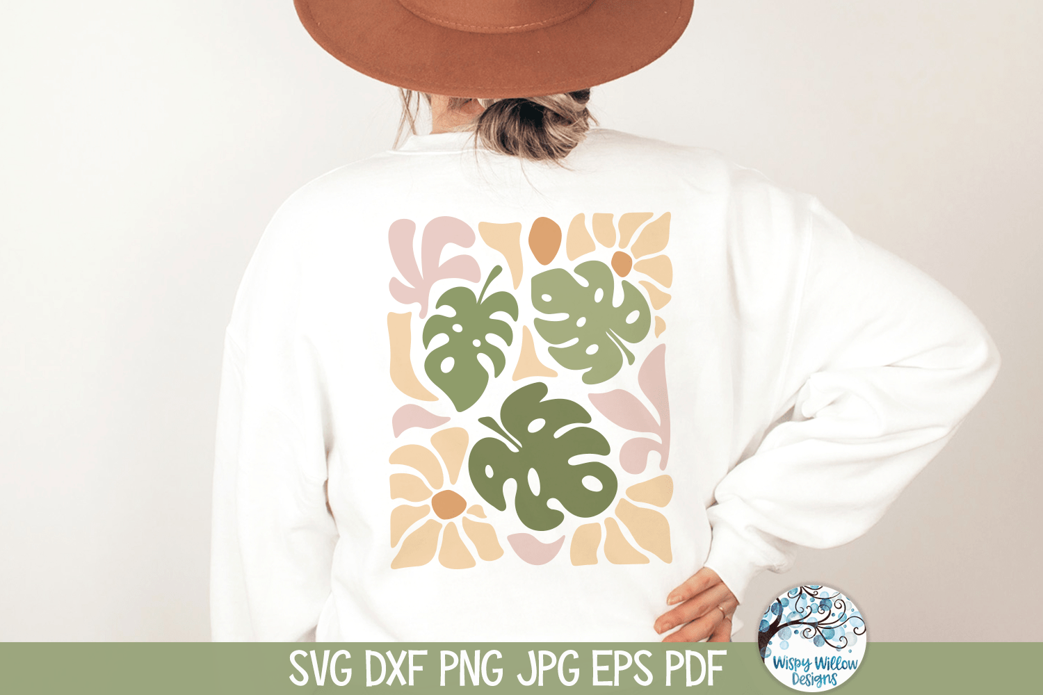 Retro Monstera Leaves with Flowers SVG Wispy Willow Designs Company