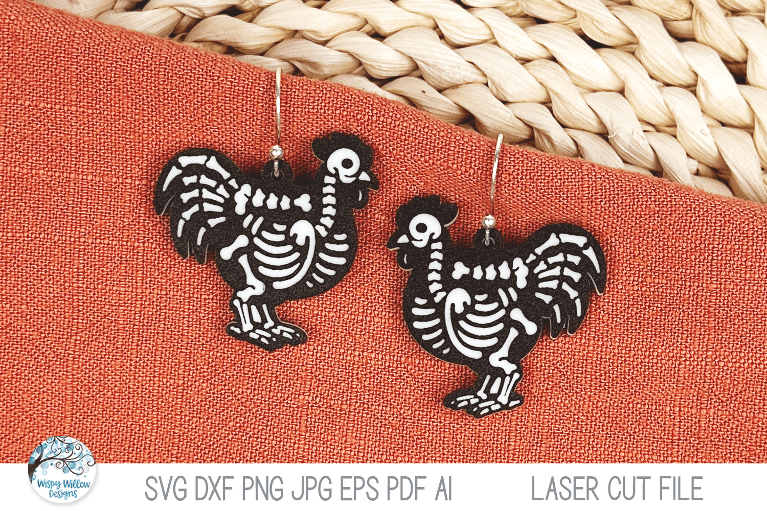 Rooster Chicken Skeleton Halloween Earring SVG File for Laser Wispy Willow Designs Company