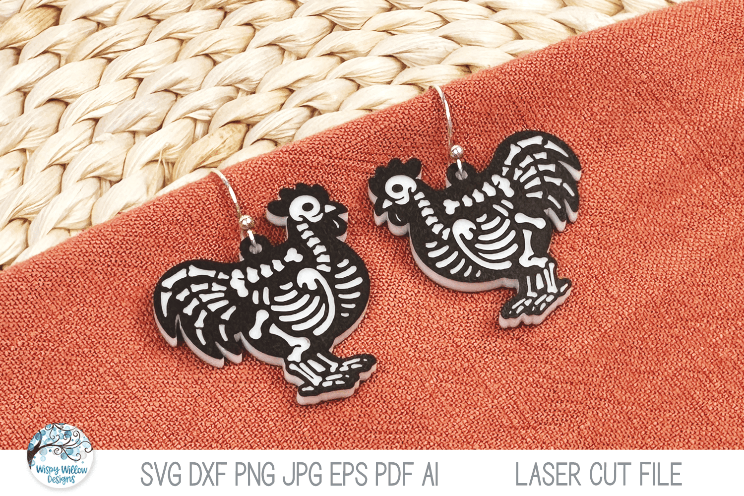 Rooster Chicken Skeleton Halloween Earring SVG File for Laser Wispy Willow Designs Company