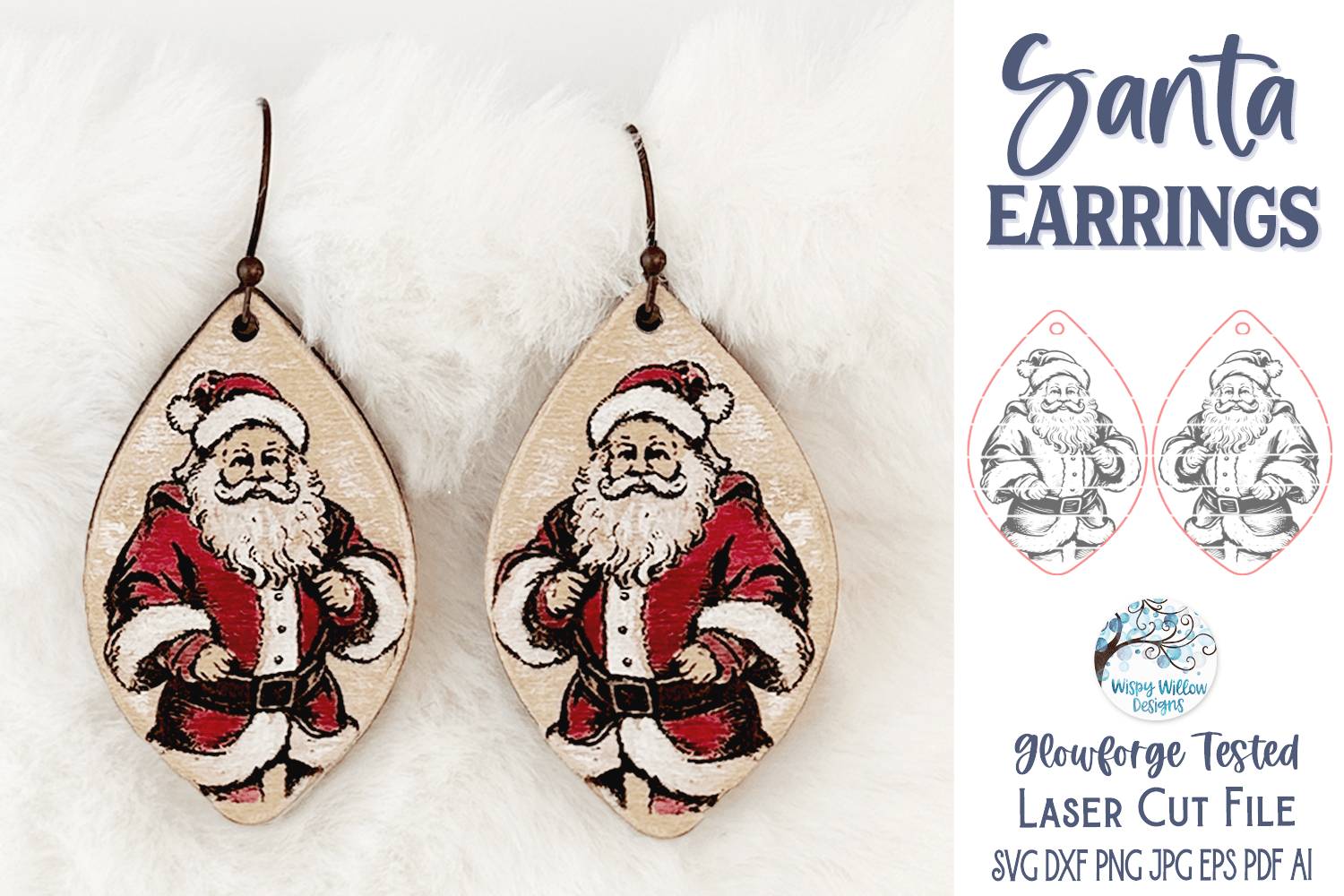 Santa Claus Earring SVG File for Glowforge Laser Wispy Willow Designs Company