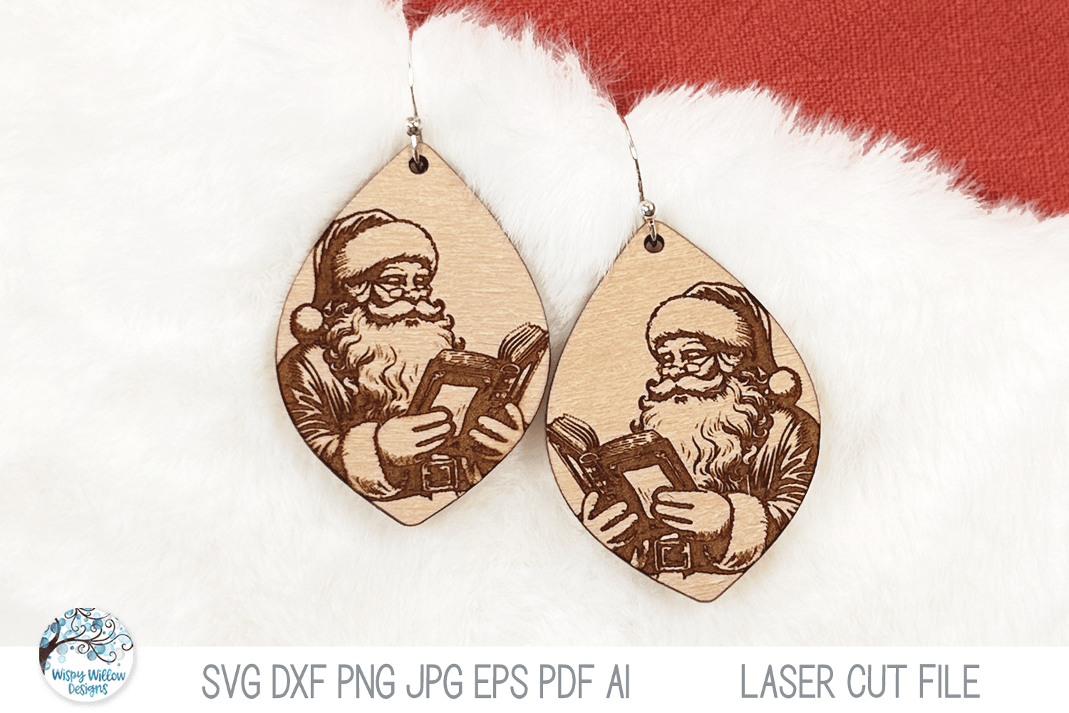 Santa Reading Book Christmas Laser Earring Wispy Willow Designs Company