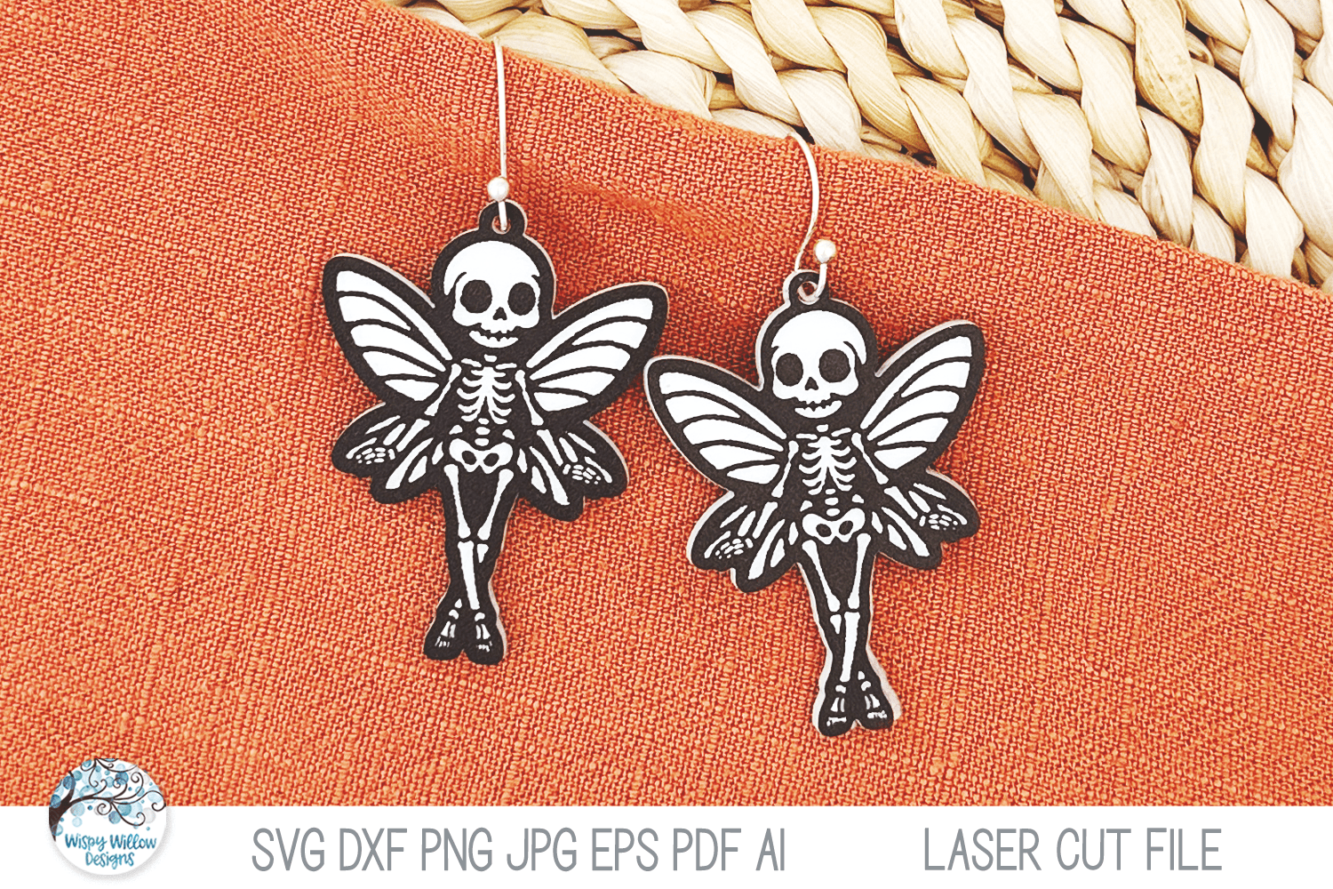 Skeleton Fairy Halloween Earring SVG File for Laser Cutter Wispy Willow Designs Company