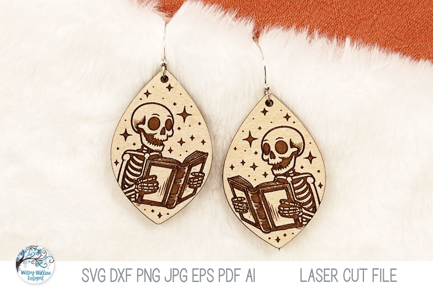 Skeleton Reading Book Halloween Earring SVG File for Laser Wispy Willow Designs Company