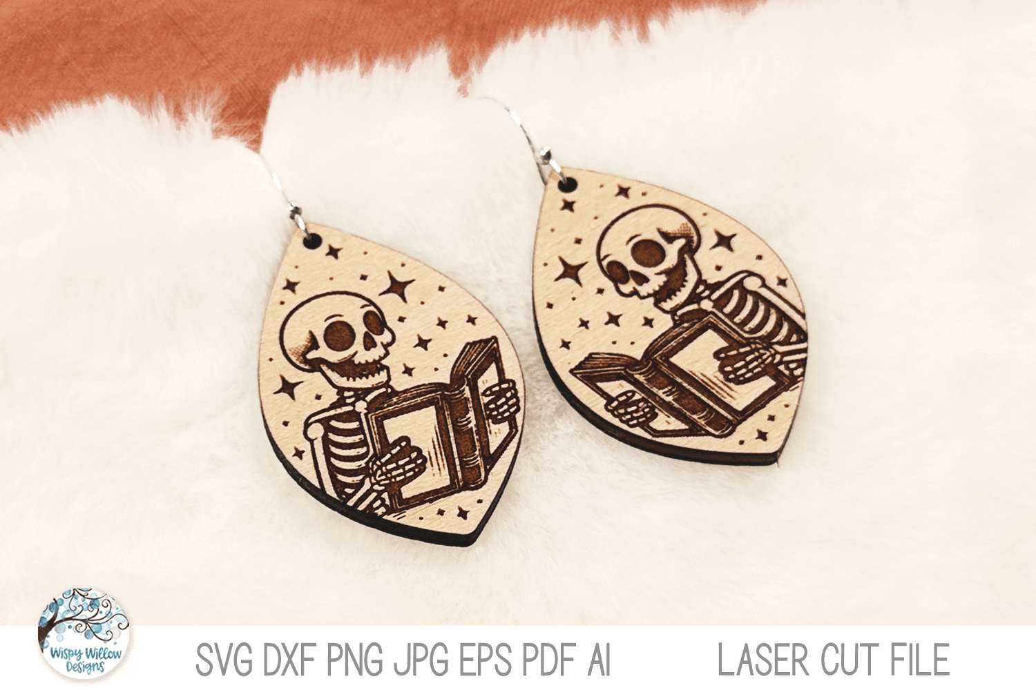 Skeleton Reading Book Halloween Earring SVG File for Laser Wispy Willow Designs Company