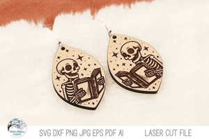 Skeleton Reading Book Halloween Earring SVG File for Laser Wispy Willow Designs Company