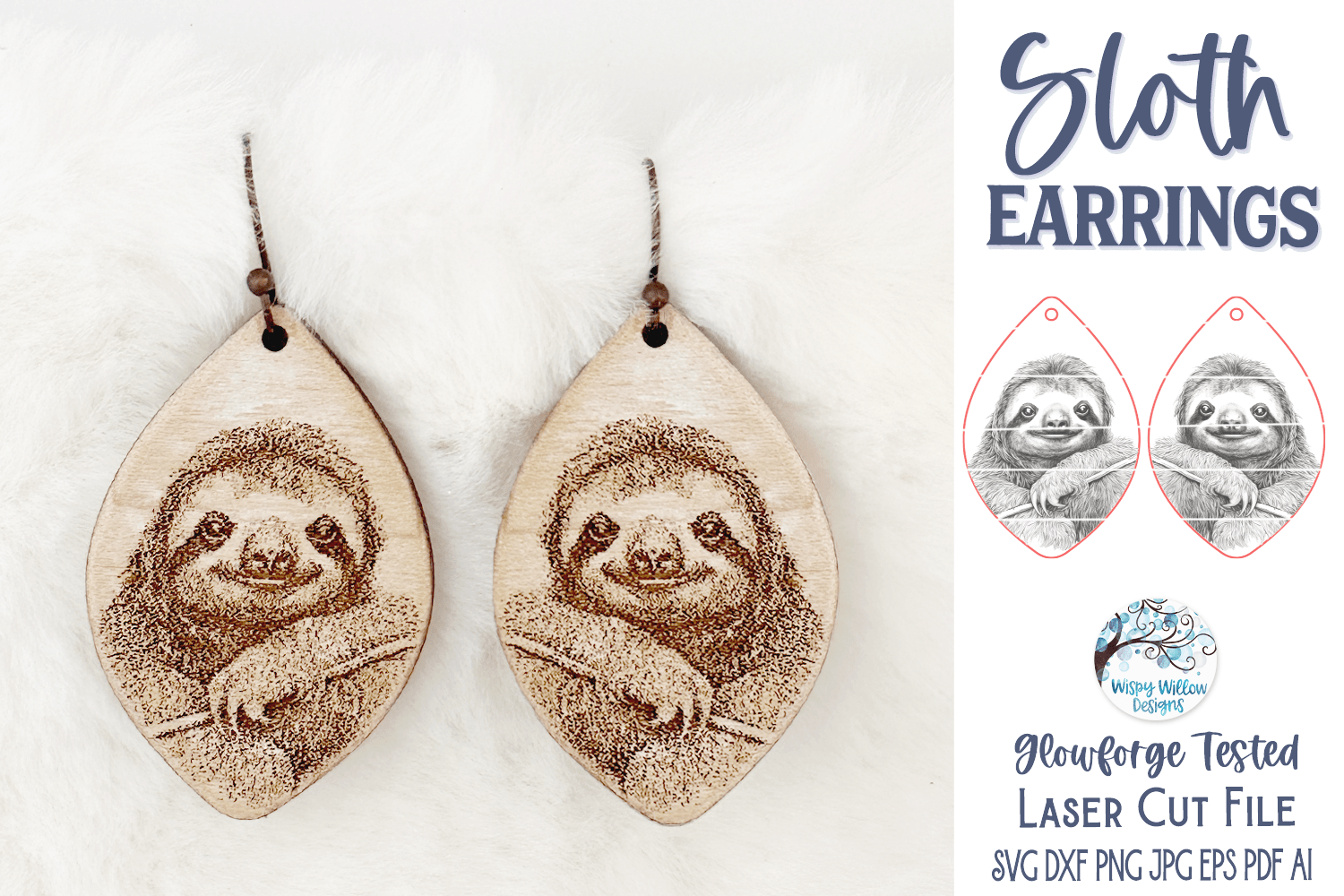 Sloth Earring SVG File for Glowforge and Laser Cutter Wispy Willow Designs Company