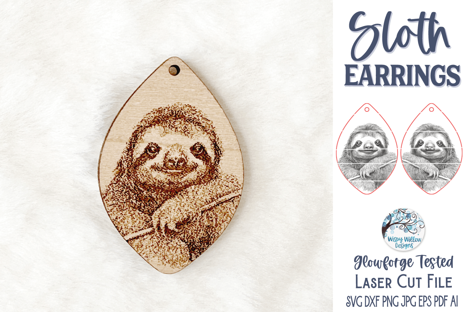 Sloth Earring SVG File for Glowforge and Laser Cutter Wispy Willow Designs Company