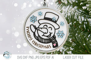 Snowman Merry Christmas Ornament File for Glowforge or Laser Cutter Wispy Willow Designs Company