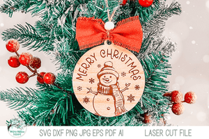 Snowman Merry Christmas Ornament SVG File for Laser Cutter Wispy Willow Designs Company