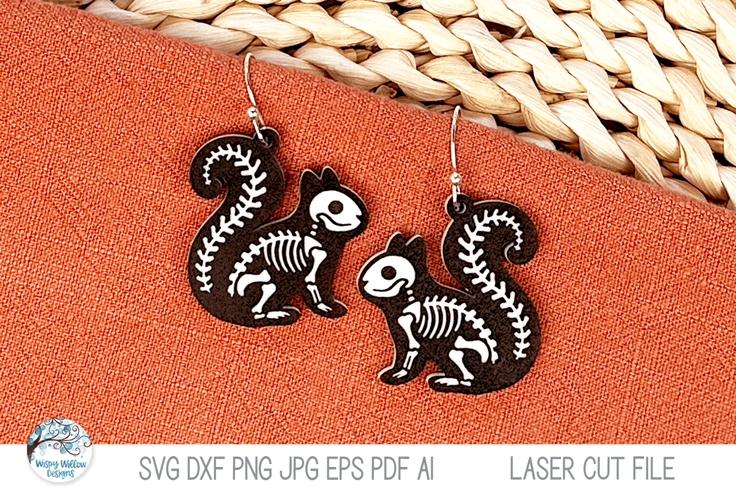 Squirrel Skeleton Halloween Earring SVG File for Laser Wispy Willow Designs Company