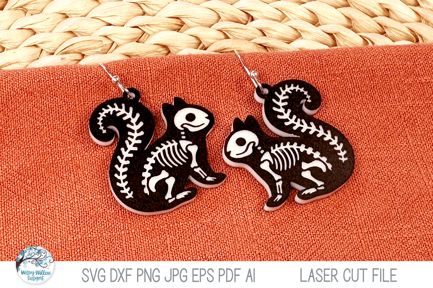 Squirrel Skeleton Halloween Earring SVG File for Laser Wispy Willow Designs Company