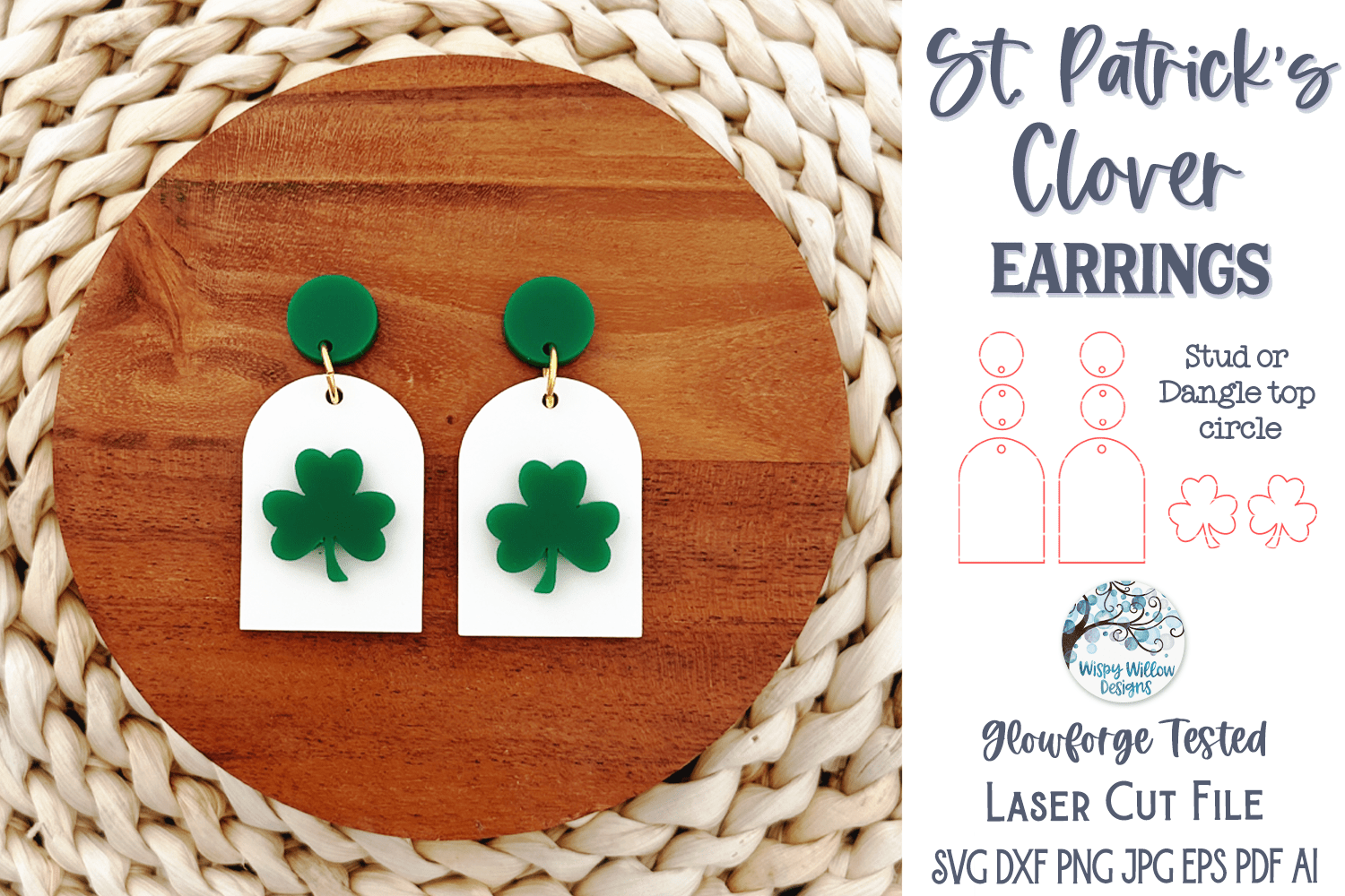 St. Patrick's Day Clover Earring SVG File for Glowforge Laser Cutter Wispy Willow Designs Company