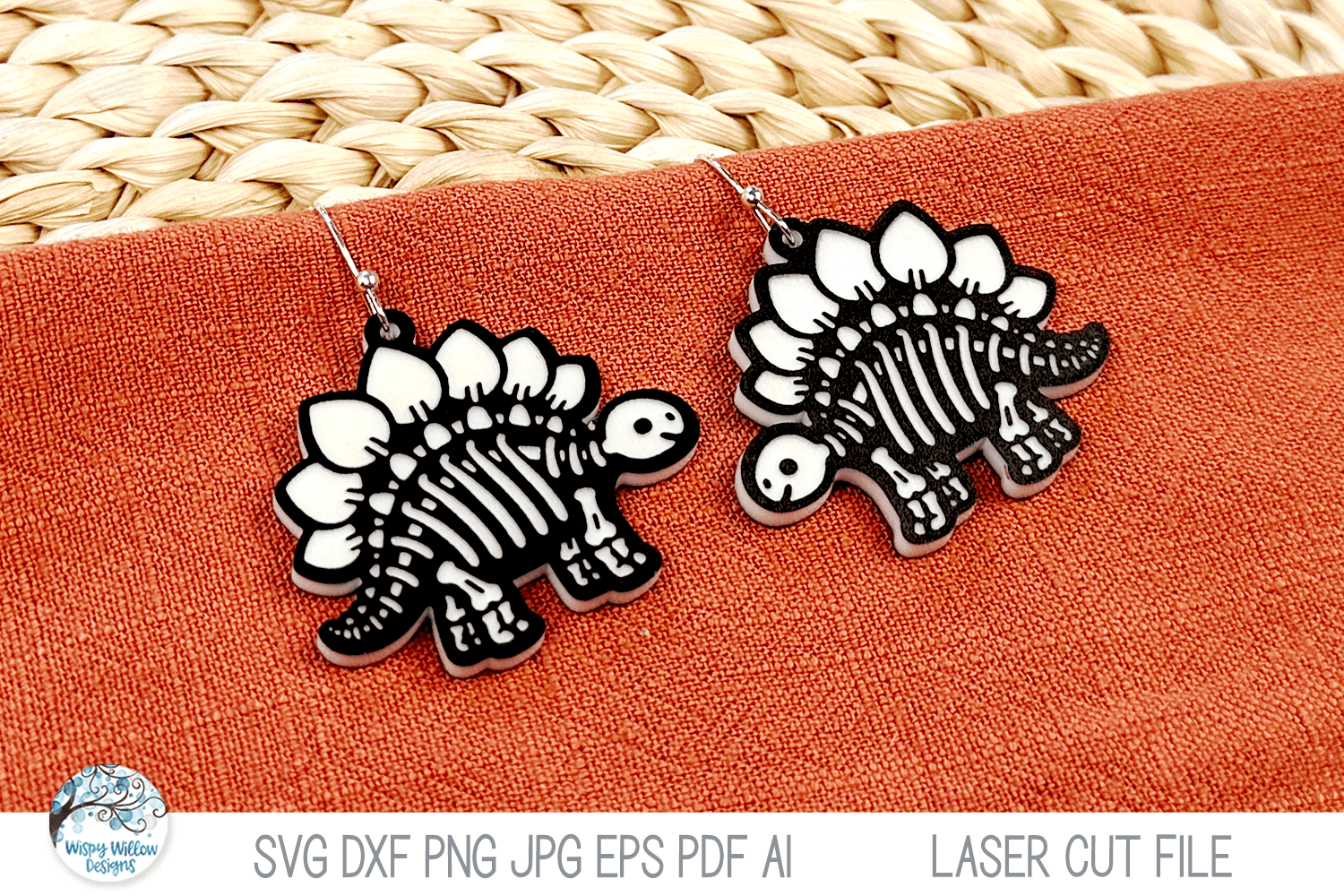 Stegosaurus Dinosaur Skeleton Halloween Laser Earring SVG File Wispy Willow Designs Company