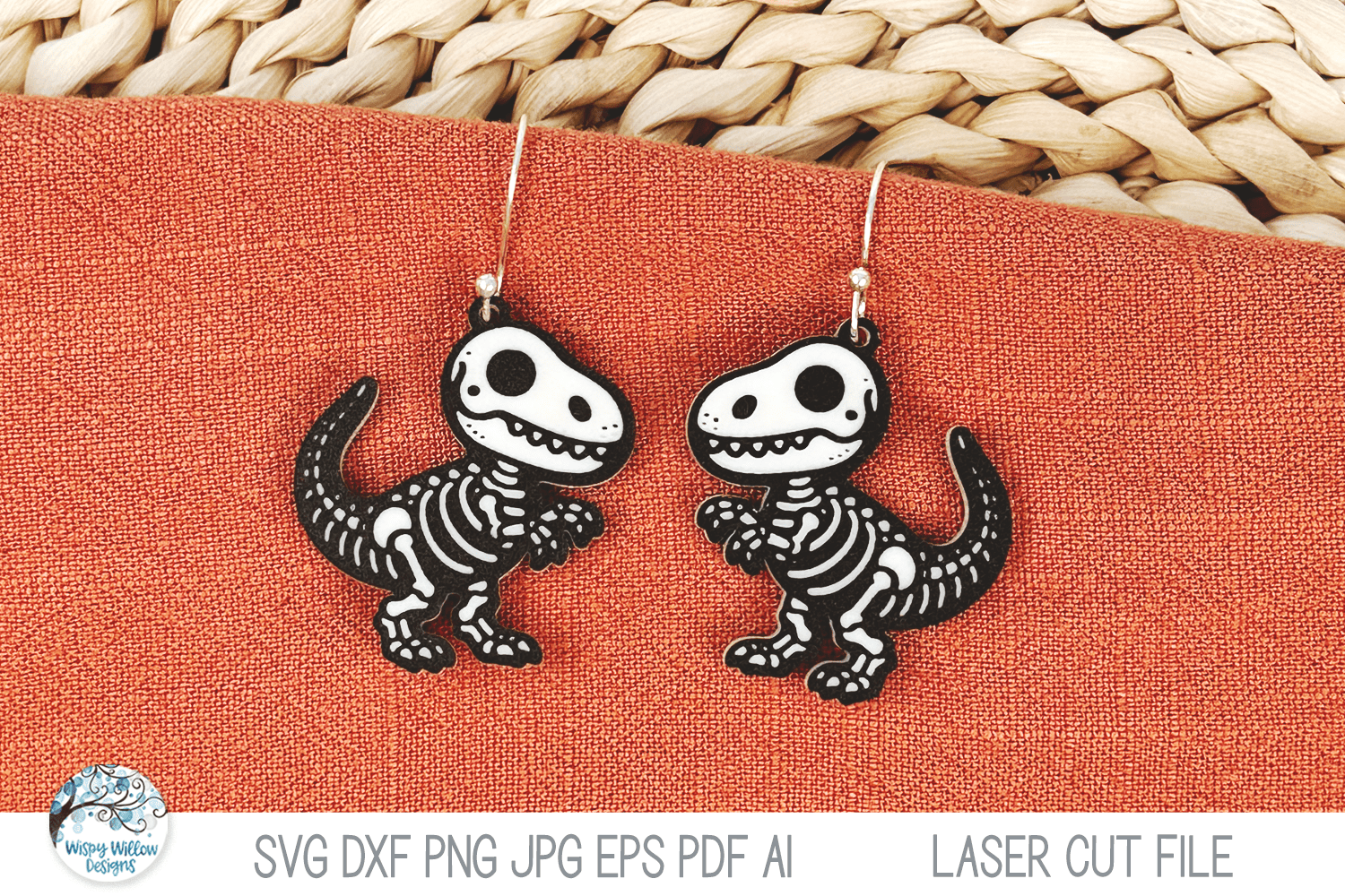 T-Rex Dinosaur Skeleton Halloween Earring SVG File for Laser Cutter Wispy Willow Designs Company