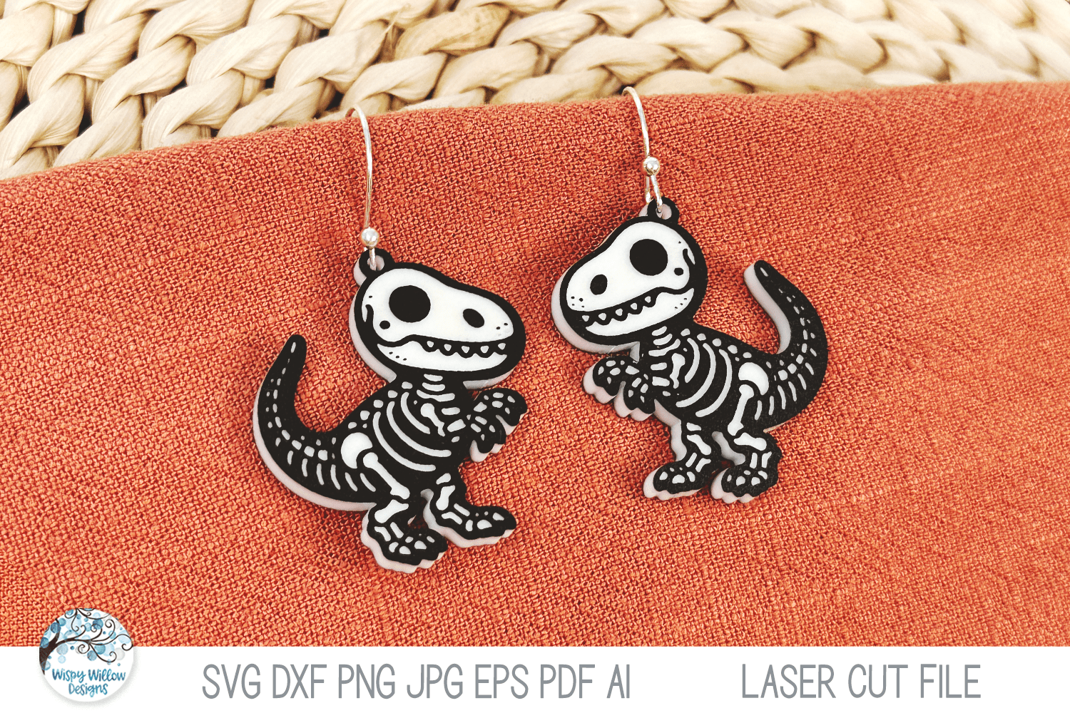 T-Rex Dinosaur Skeleton Halloween Earring SVG File for Laser Cutter Wispy Willow Designs Company