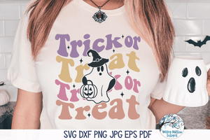 Trick Or Treat Retro Ghost SVG | Retro Style Wavy Text with Ghost Wispy Willow Designs Company